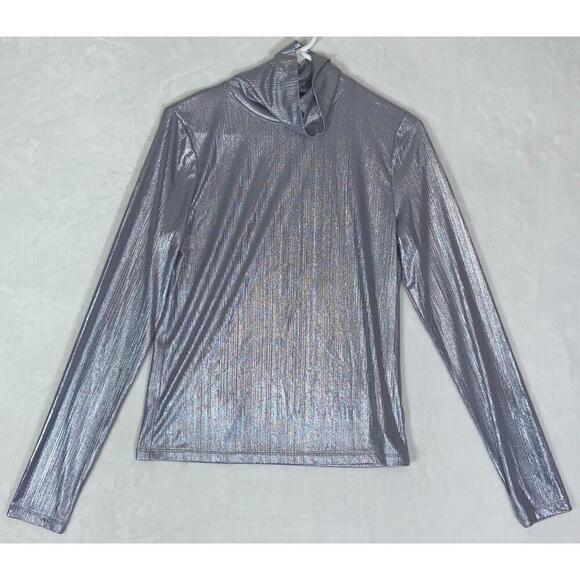 Tops - Kate Spade New York Silver Metallic Stretch Shirt Poly Blend Medium Turtleneck